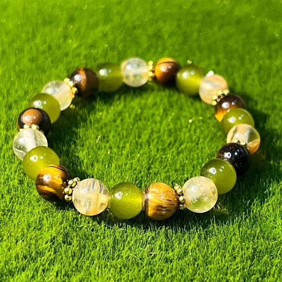 Smoky Quartz & Tigers Eye Beaded Stretch Natural Boho Crystal Bracelet Handmade - Picture 1 of 5